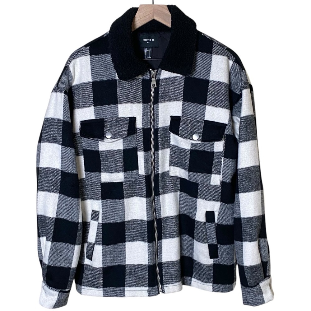 Forever 21 Black/Whitete Men’s Flannel Coat, M